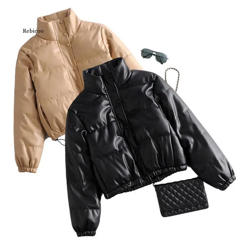 

Winter Thick Warm Short Parkas Women Fashion Black Pu Leather Coats Women Elegant Zipper Cotton Jackets Female Ladies