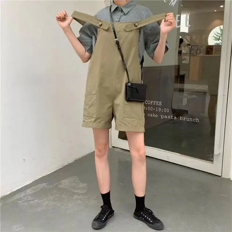 

Women Cotton Jumpsuits Loose Wide Leg Straps Shorts Korean Student Style Solid Color High Waist Summer Woman Cotton Overalls