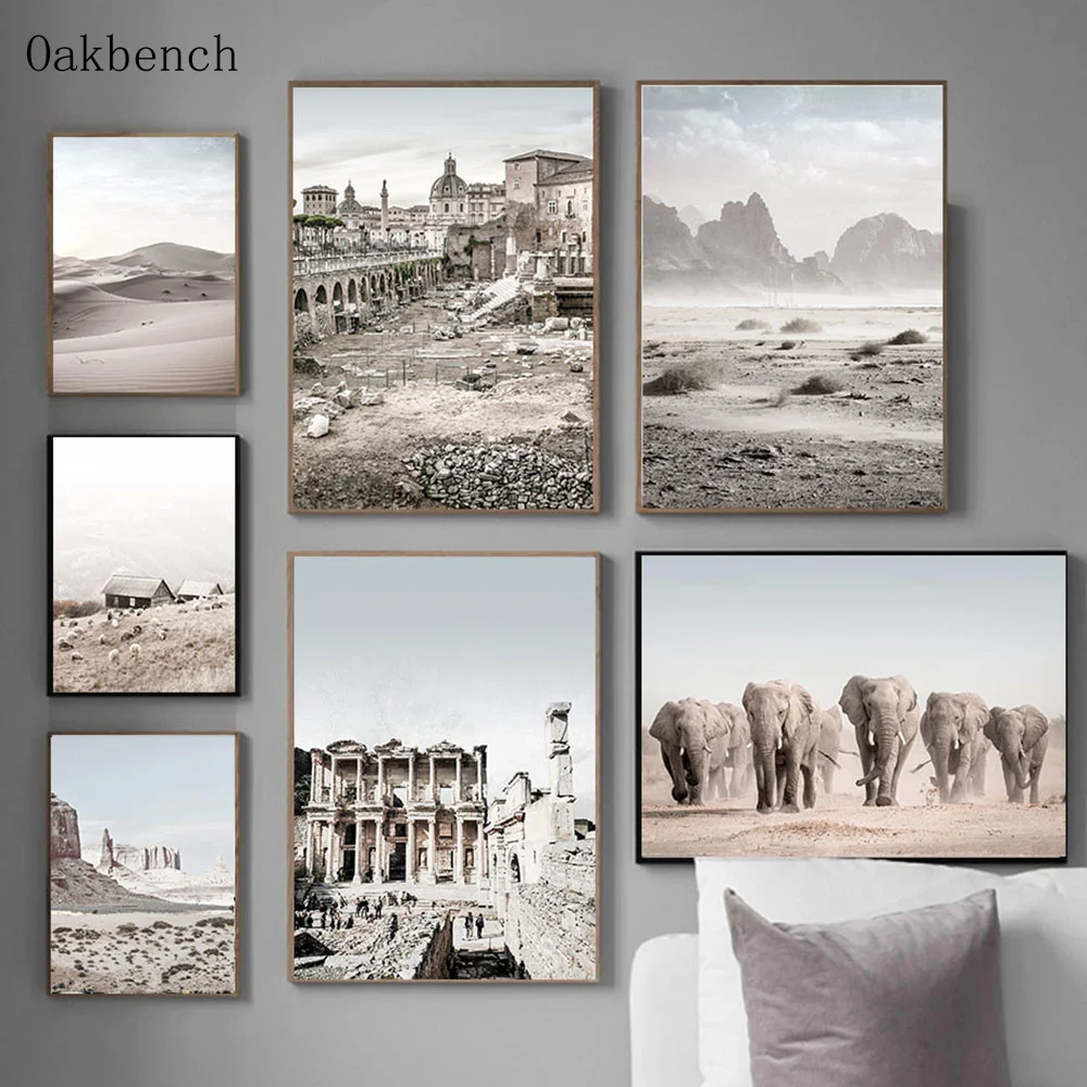 

Natural Scenery Wall Art Print Desert Wall Prints Architecture Canvas Painting Elephant Poster Nordic Wall Pictures Home Decor