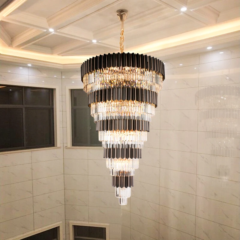 Kopen Moderne Roestvrijstalen Kristallen Zwarte Ronde Ovale Glans Led Kroonluchter Verlichting Led Lamp Led Licht Voor Foyer