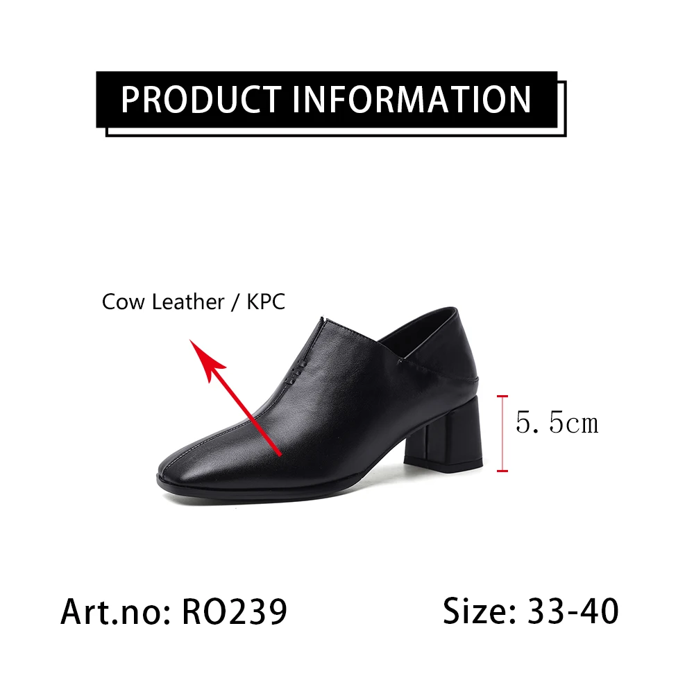 

RJN Solid Color Stylish Pumps Classic Square Toe High Quality Handmade Cow Leather Women Shoes Casual Mid-heel Pumps Black RO239