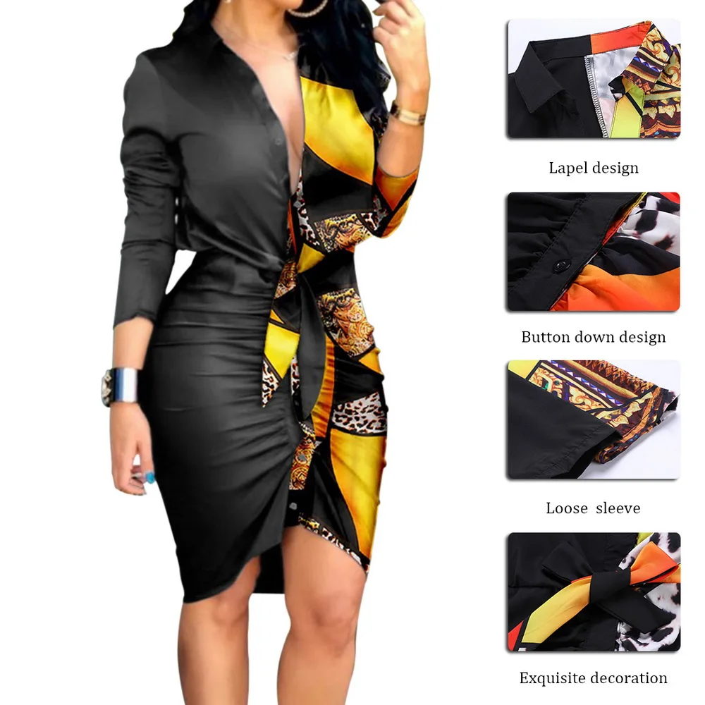 

Uefezo 2021 New Arrival Famous Brand Shirt Dress Solid V-neck Long Sleeve Ruched Office Lady Midi Dress Vestidos