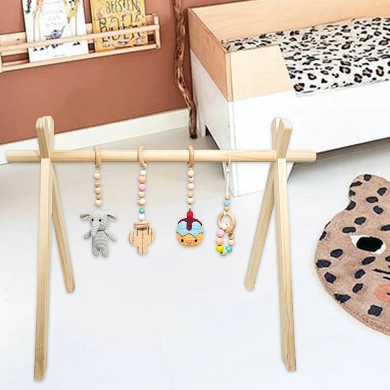 

B2EB 4x Hanging Ornaments Wooden Play Gym Toys Rattle Pendant Hand-woven Room Sensory Toy Easy Assemble Gift for Newborn Girl