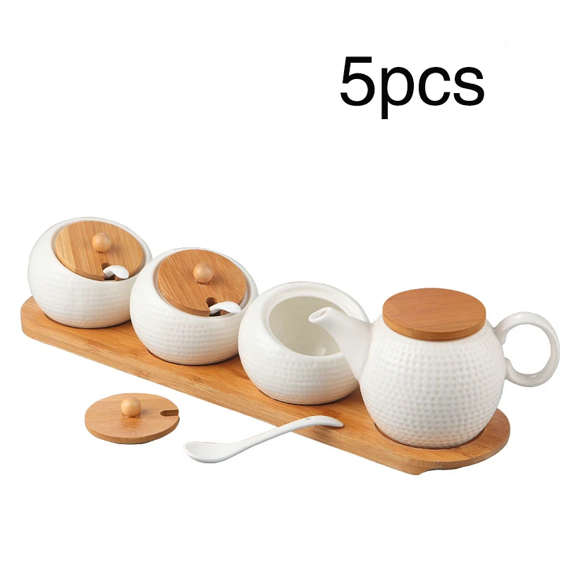 

Ceramic seasoning pot kitchen supplies box household combination bottle oil salt pot, with bamboo base [ 4+1 Sets ]