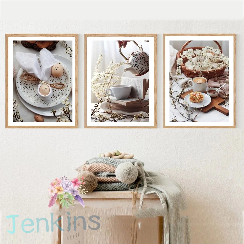 

Table Tea Bread Egg Food Canvas Painting Modern Leisure Reading Time Wall Art Picture For Kitchen Home Room Book Store Decor