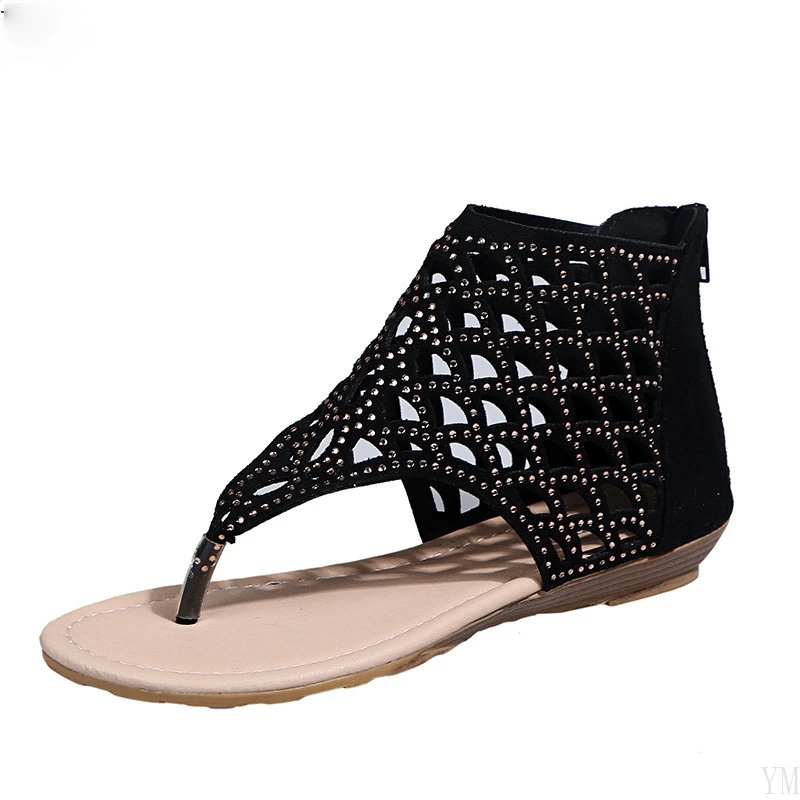 

Женские летние шлепанцы, пляжная обувь, женская Винтажная обувь с кристаллами и вырезами, сандалии на молнии сзади, женская обувь