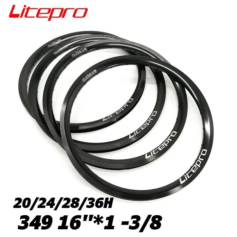 Litepro 349 16x1-3/8 For Brompton Folding Bike Rims 20/24/28/36H Aluminum Double Wall Rim Glossy Black