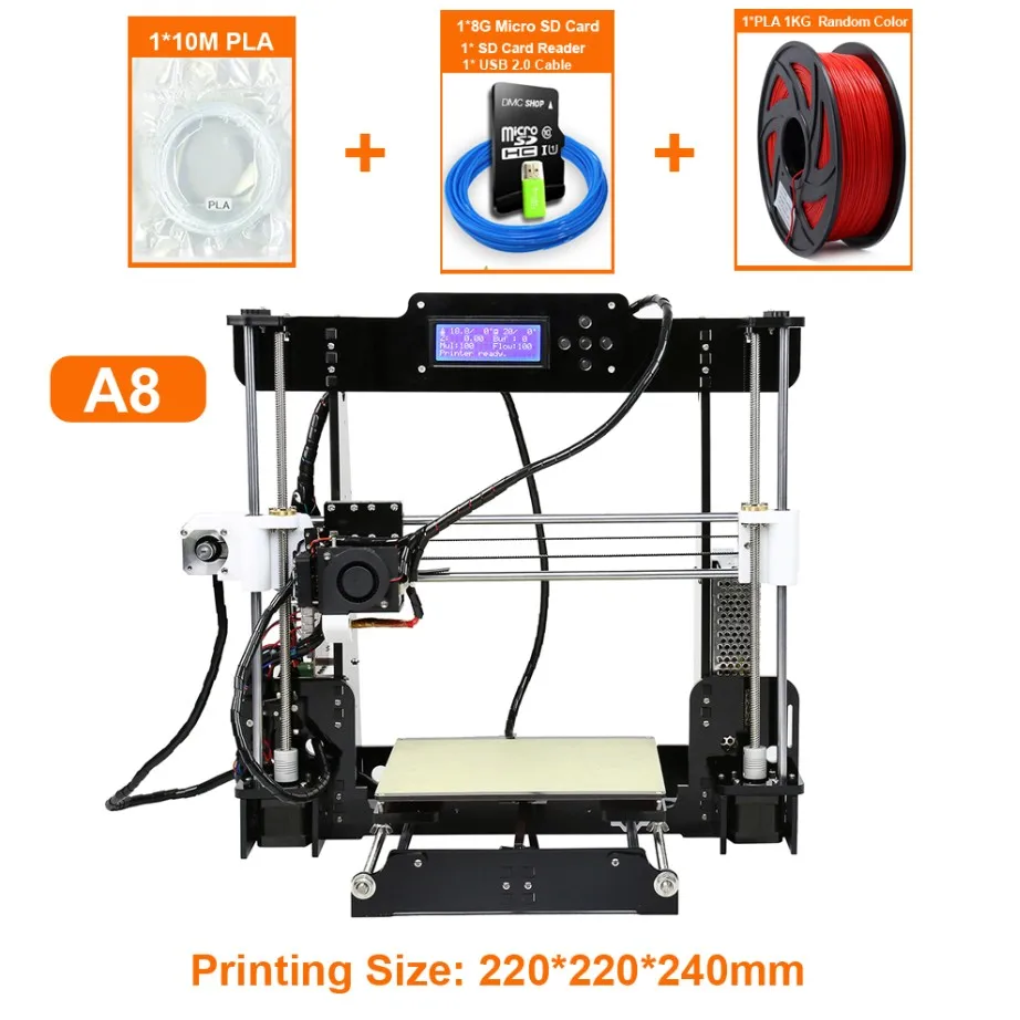 A8 With 1KG PLA Горячая с фабрики Anet A8 Cura настольный 3d принтер с sd-картой 2004 lcd низкая шумная Высокая точность с sd-картой печати 220*220*250 мм - Цвет: A8 With 1KG PLA