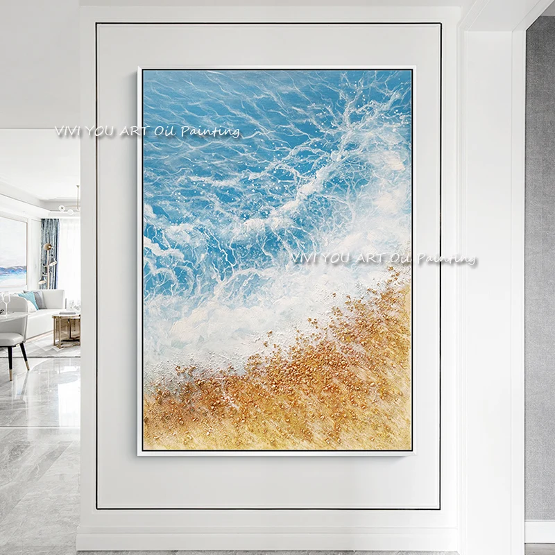 

The Best Sea Waves Blue Clean Beach Sandy View Abstract Modern Oil Painting Canvas Handpainted Texture Wall Art For Office