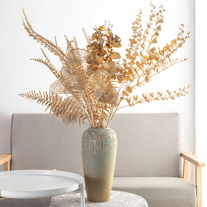 Золотые Искусственные пластиковые цветы кленовый лист гинкго эвкалипт Холли