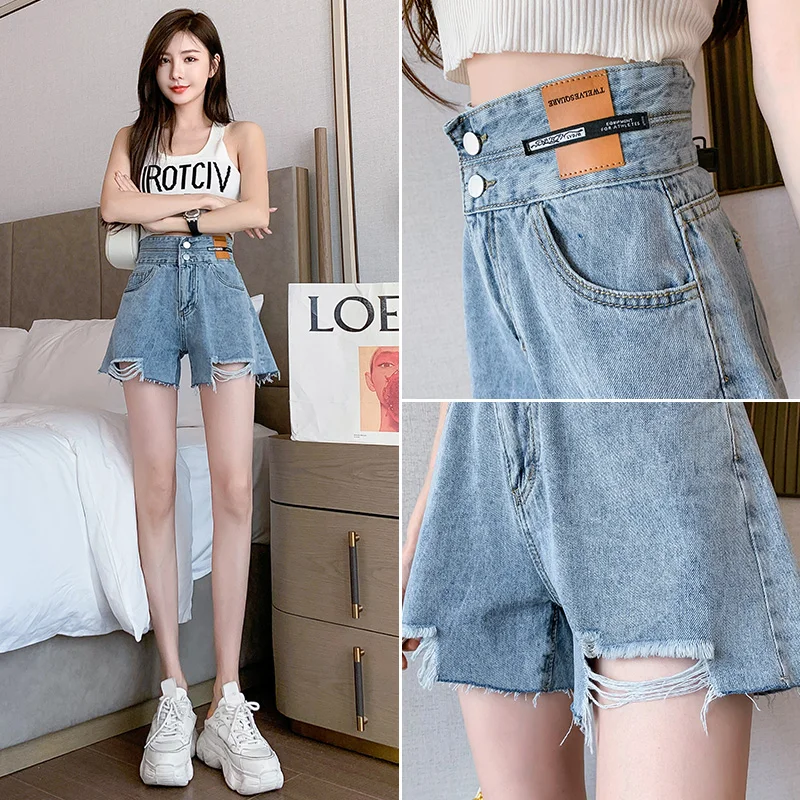 

TongSiHai Jeans Shorts for Women Ladies Summer High Waist Holed Denim Short Pants Teens Girls Casual Korean Version Streetwear