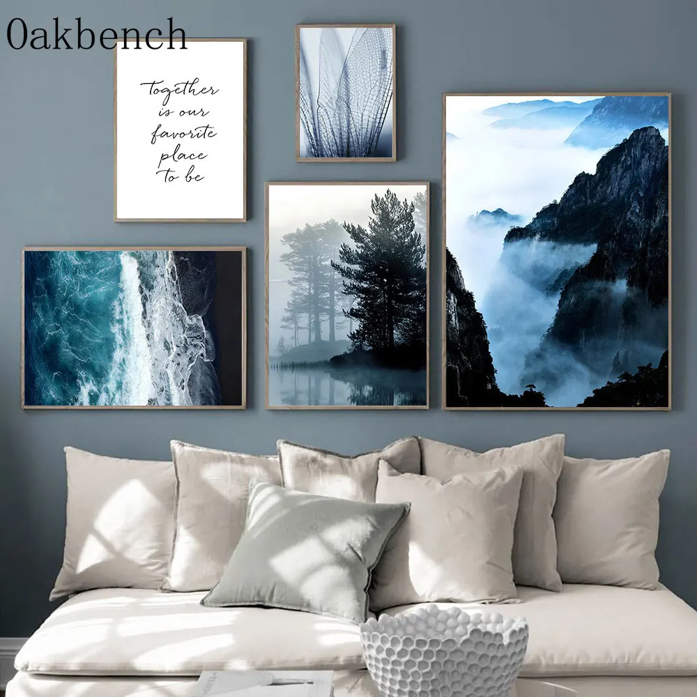 Печать на холсте с изображением гор синий плакат Пляжный Пейзаж Живопись