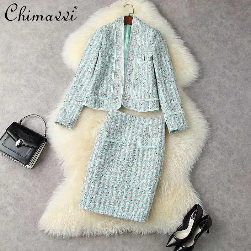

2021 Autumn Winter Women's Clothing High-End Exquisite Rhinestone Bright Silk Coat Tweed Package Hip Skirt Elegant Outfit