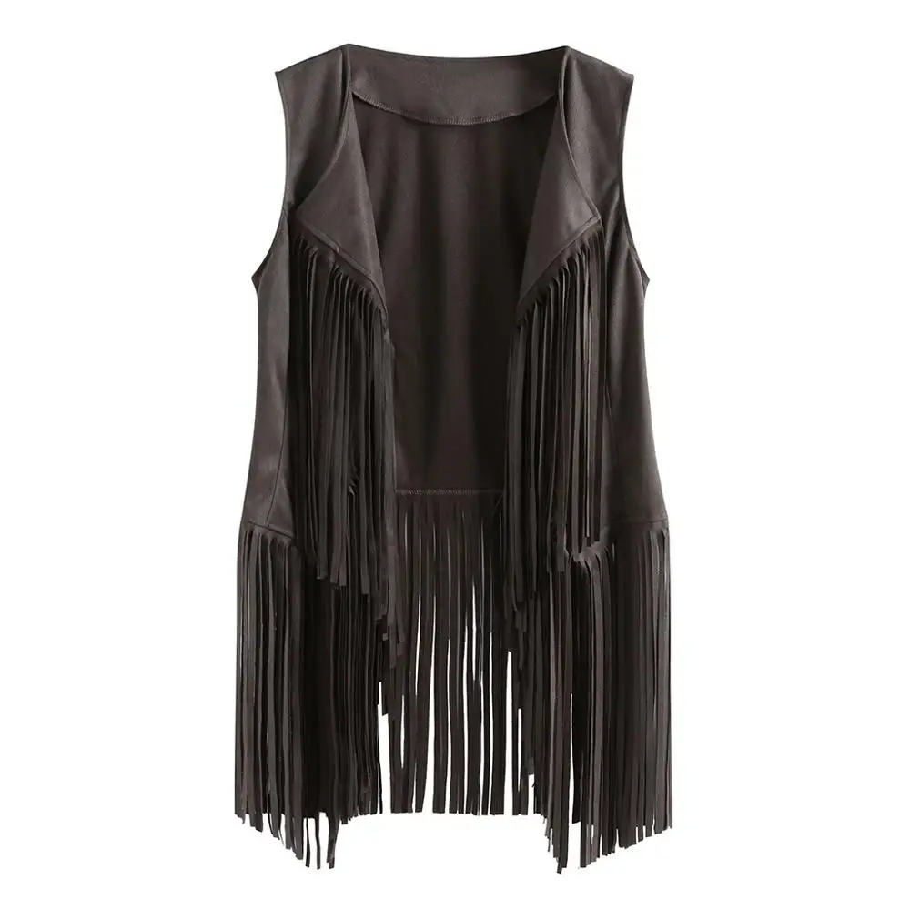 Plus Size Women Autumn Winter Suede Ethnic Sleeveless Tassels Fringed Cardigan Vest 2019 Casual Solid Outwear Jackets 6 Colors | Женская
