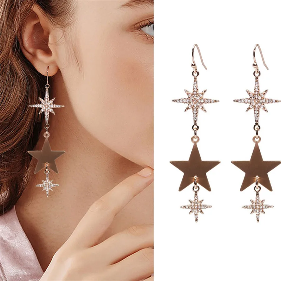 Модные стильные серьги-гвоздики в виде шестиконечной звезды с кристаллами