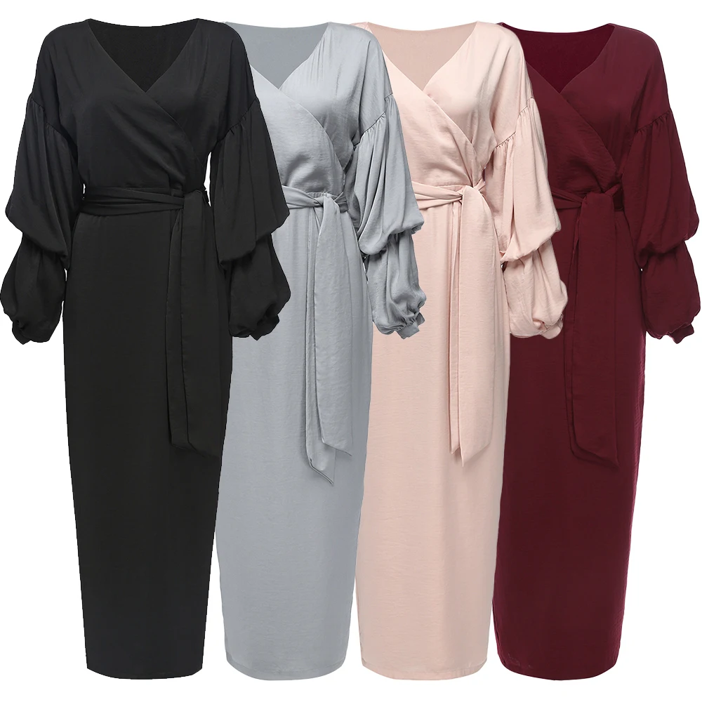 

Elegant Muslim Abaya Maxi Dress Nida Cardigan Puff Sleeve Long Robe Gowns Jubah Kimono Ramadan Islamic Kaftan Worship Service