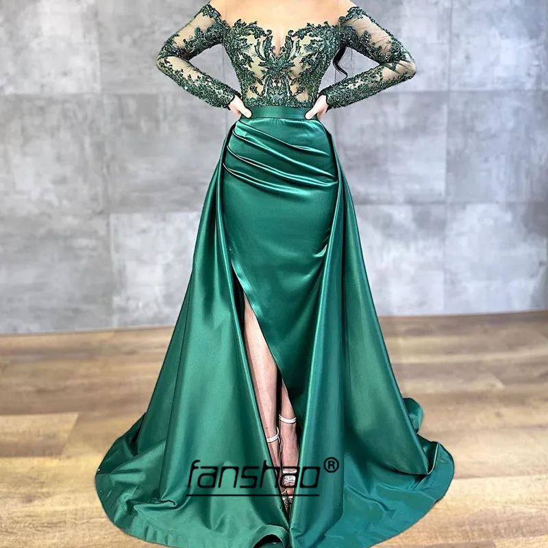 

Emerald Green Evening Dresses Slit Off Shoulder Applique Special Occasion Dress Islamic Dubai Saudi Arabic Prom Evening Prom