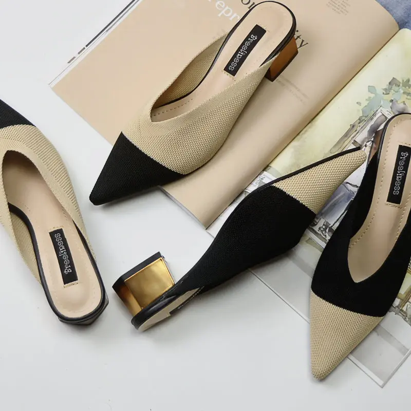 Туфли женские трикотажные без задника с V образным вырезом и острым носком Каблук