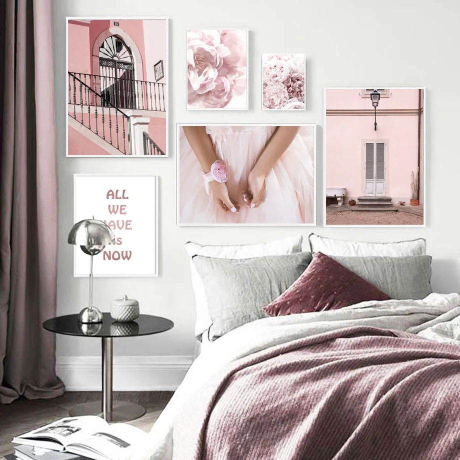 

Pink Peony Flower Girl Door Window Quotes Wall Art Canvas Painting Nordic Posters And Prints Wall Pictures For Living Room Decor