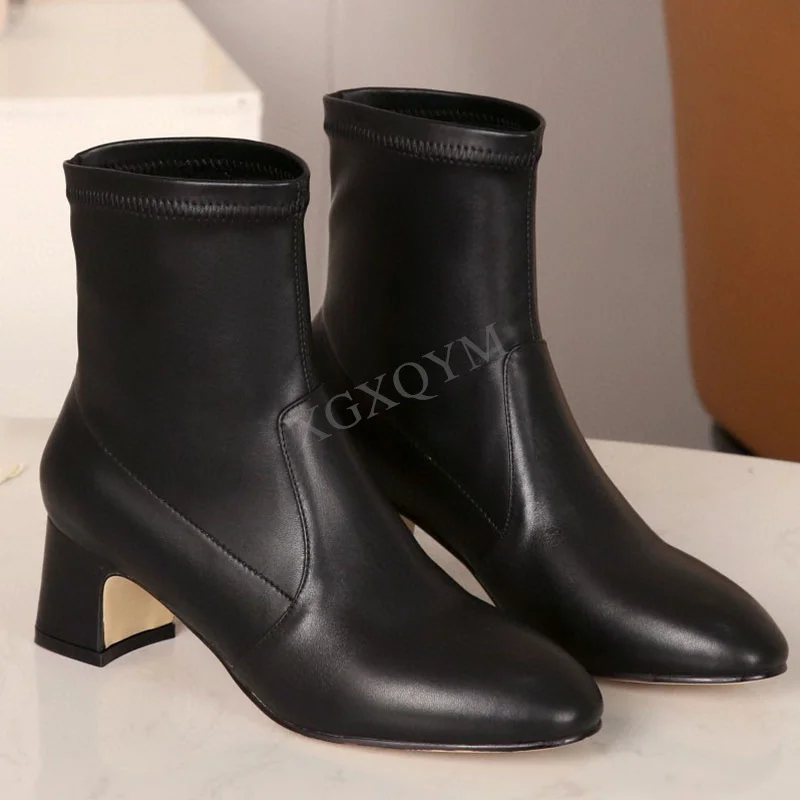 

New Winter Women's Boots Round Toe High Heels Ankle Boot Sexy Slip On Stretch Booties Woman Luxury Designer High Heel Shoes 5.5C