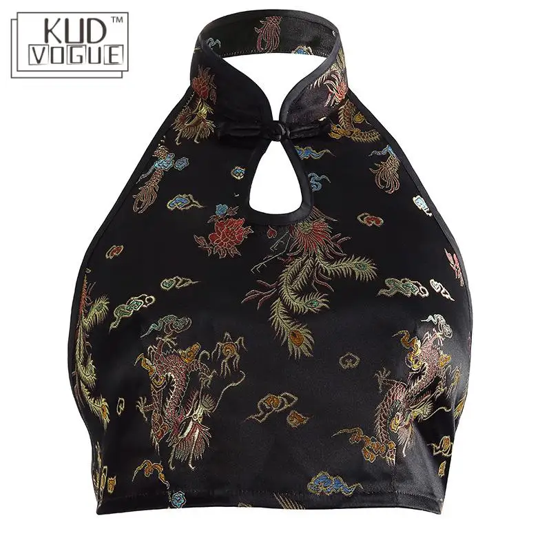 Женский винтажный жилет на бретельках черный с вышивкой в виде Драконов | Женская