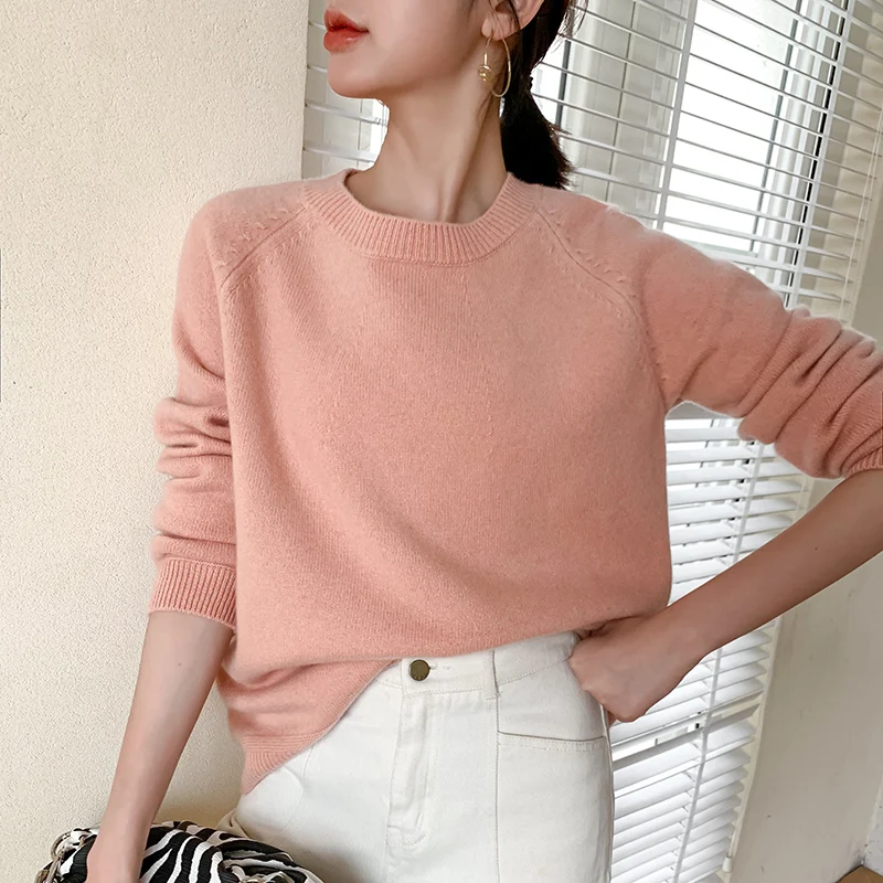 

Women Sweater 100% Pure Wool Knitting Jumpers Loose Style Long Sleeve Oneck Pullovers Female High Quality 3Colors Woolen Clothes