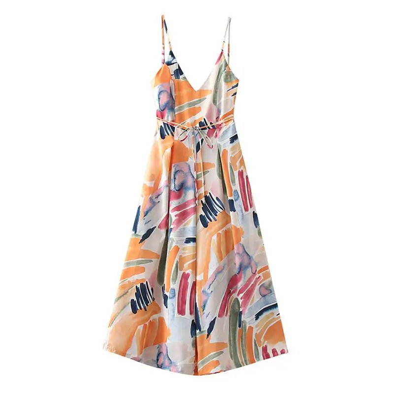 

2021 spring and summer new printed lace-up waist V-neck open back sexy sling ladies jumpsuit