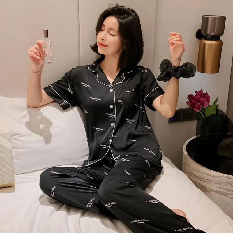 

2PCS Sleep Set Satin Nightwear Pajamas Silky Print Shirt&Pants Women New Pijamas Intimate Lingerie Casual Kimono Robe Gown