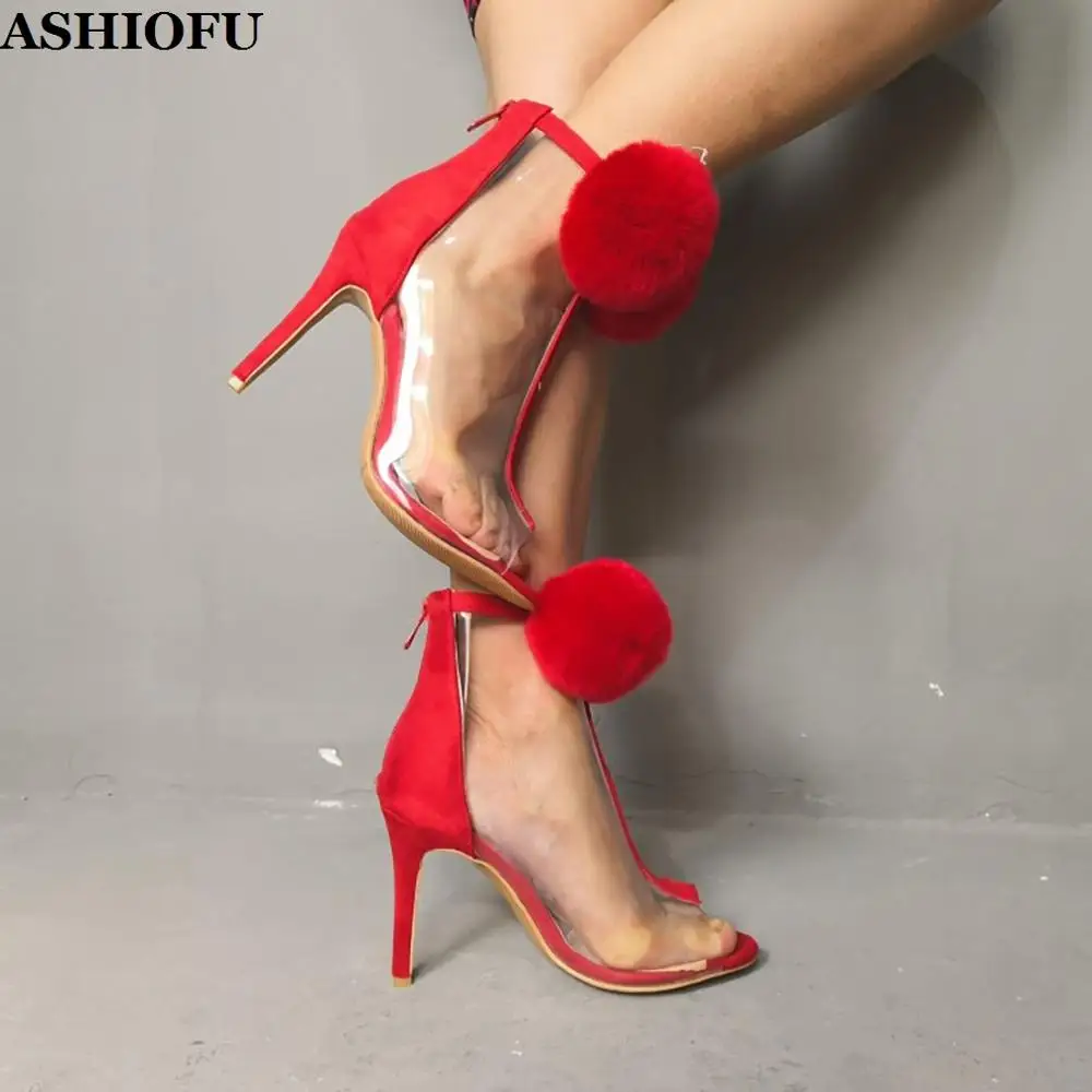 

ASHIOFU Handmade Women High Heel Pumps PVC-leather Fur-ball Peep-toe Party Prom Shoes Large Size Evening Fashion Court Shoes