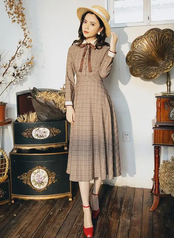 

Pan Collar Bowknot Plaid Printed Woman Long Dress High Quality Best-selling Retro Autumn Winter New Arrival