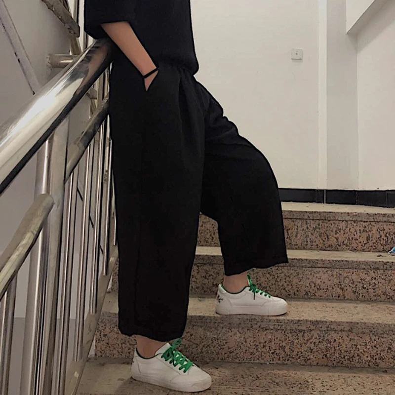 

Women Pants Solid Harajuku Wide Leg Trousers Womens Leisure New Retro Ankle-length All-match Korean Style Ulzzang Daily Fashion