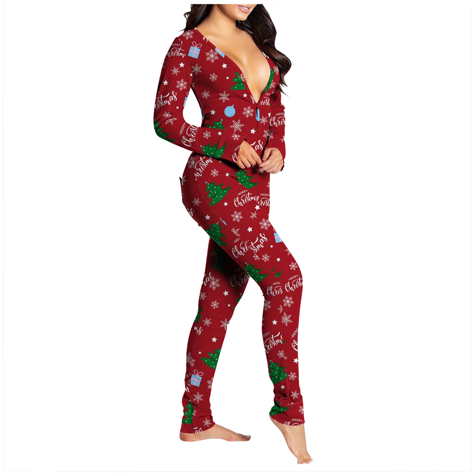 Sexy Christmas Pajama for Women New Year Jumpsuit Button-down Front Back Butt Bum Open Ass Flap Xmas Print Loungewear |