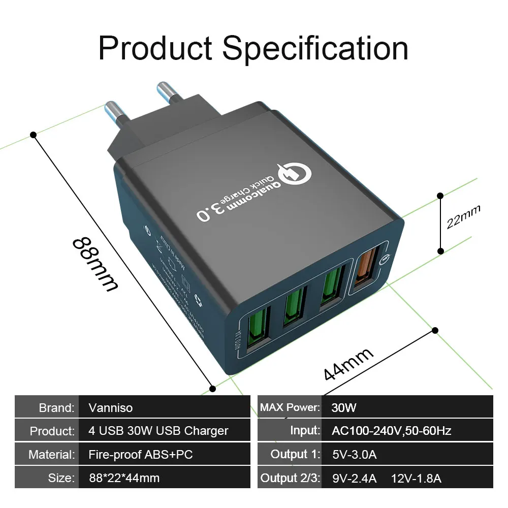 Быстрая зарядка 3 0 4 порта USB зарядное устройство ЕС мобильный телефон адаптер для