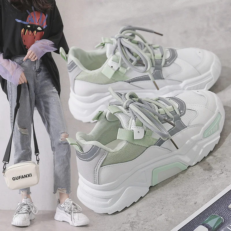 

Women Chunky Sneakers Mesh Women's Platform Shoes Lace Up Breathable Vulcanized Shoes Womens Trainers Female Running Sneakers