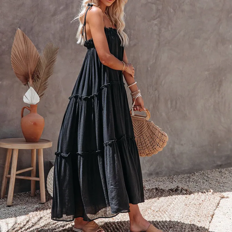 

2021 solid color thin shoulder strap ladies long dress sleeveless lace-up pleated female backless dress
