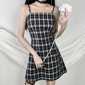 Womens Dress Short College Style Plaid French Fashion Retro Waist Slim Fit Hip Gothic Style Y2k Sling Short Skirt Street Style