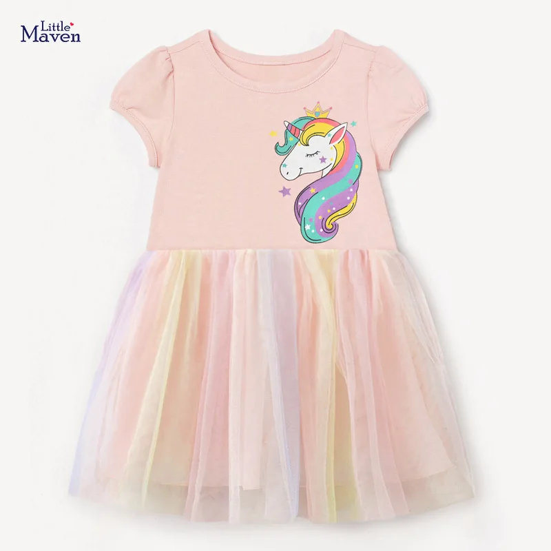

2022 Summer Little Maven Brand Kids Girl Dress Short Sleeve Cartoon Unicorn Mesh Cotton Latest Daily School 1-7years Dresses