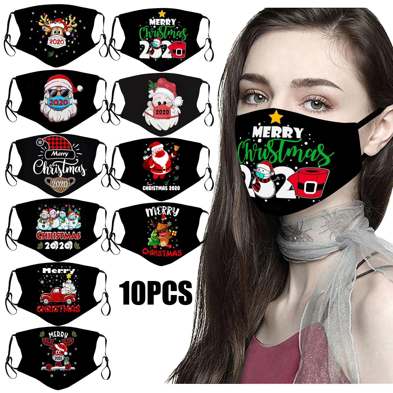 

10pcs Adult Christmas Masks Face Mask Reusable Washable Mask For Face Women Black Masque Noel Halloween Cosplay Маска Черная