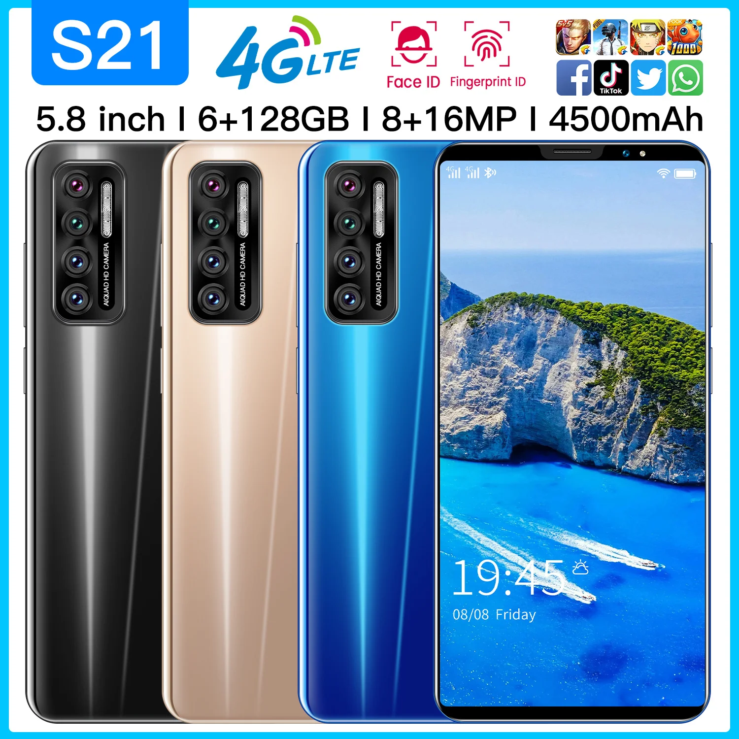 

Global Version S21 Smart Phone 5.8Inch 8 Core HD Full Screen 6GB+128GB 4500mAh Support Fingerprint Face Unlock 5G Mobile Phones
