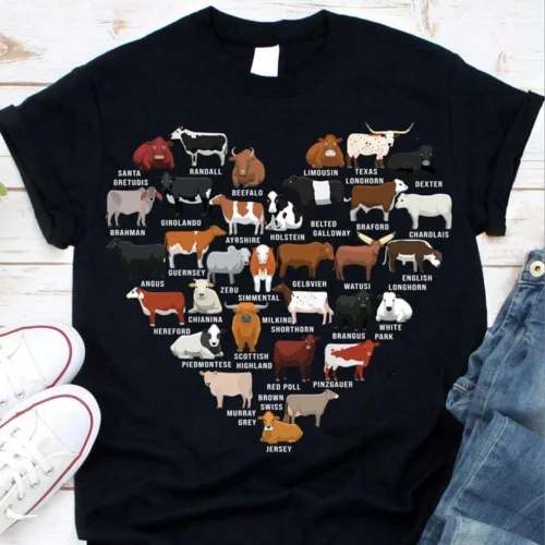 

Types Of Cows Heart Cow Lovers Farmers Gift Women Men T Shirt S - 3XL Black