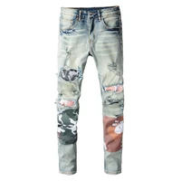 mens camouflage patchwork slim skinny jeans streetwear ripped stretch denim pencil pants holes trousers