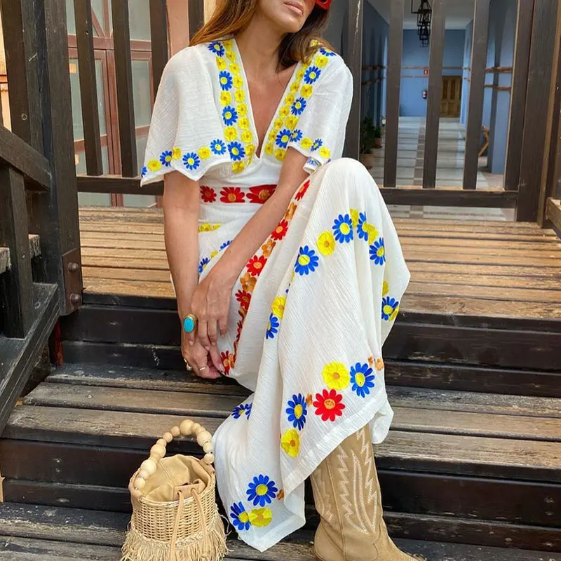 

Women Summer Dress Casual V Neck Short Sleeve Long Dress Fashion Elegant Floral Print Loose Boho Beach Holiday Maxi Dresses