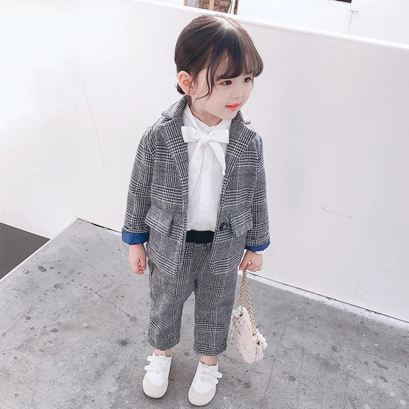Комплект одежды для девочек новинка модная клетчатая одежда с узором верхняя +