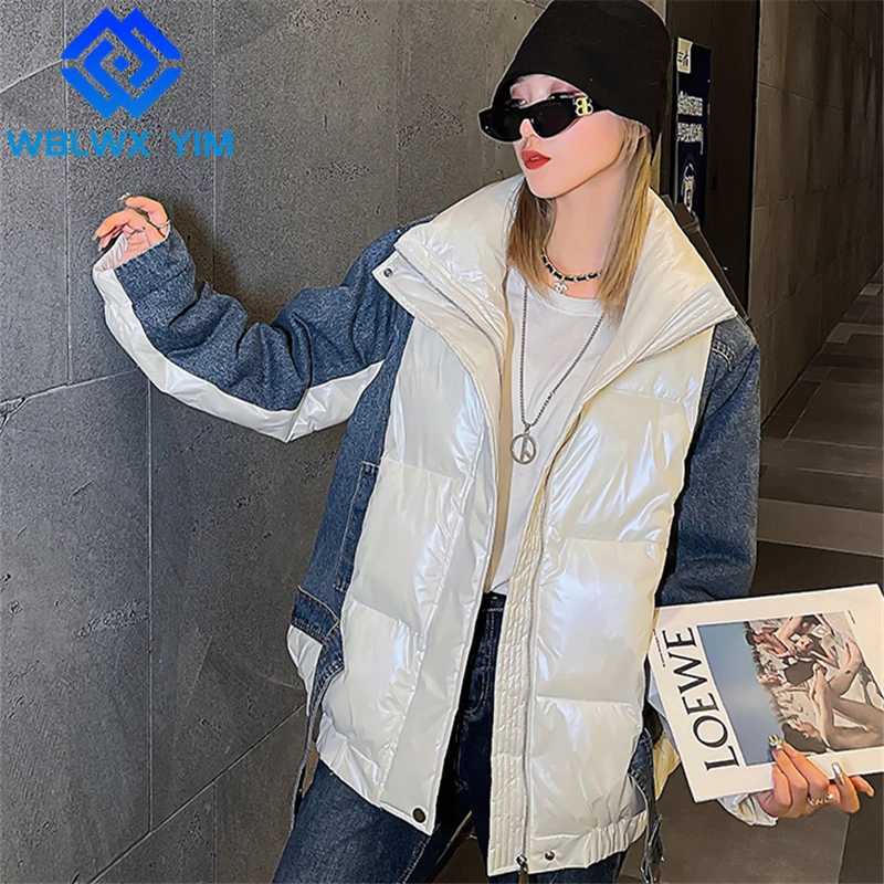 

Пуховик женский с длинным рукавом, Модная Джинсовая парка на молнии, в стиле пэчворк, свободная Толстая теплая зимняя куртка, хлопковое паль...