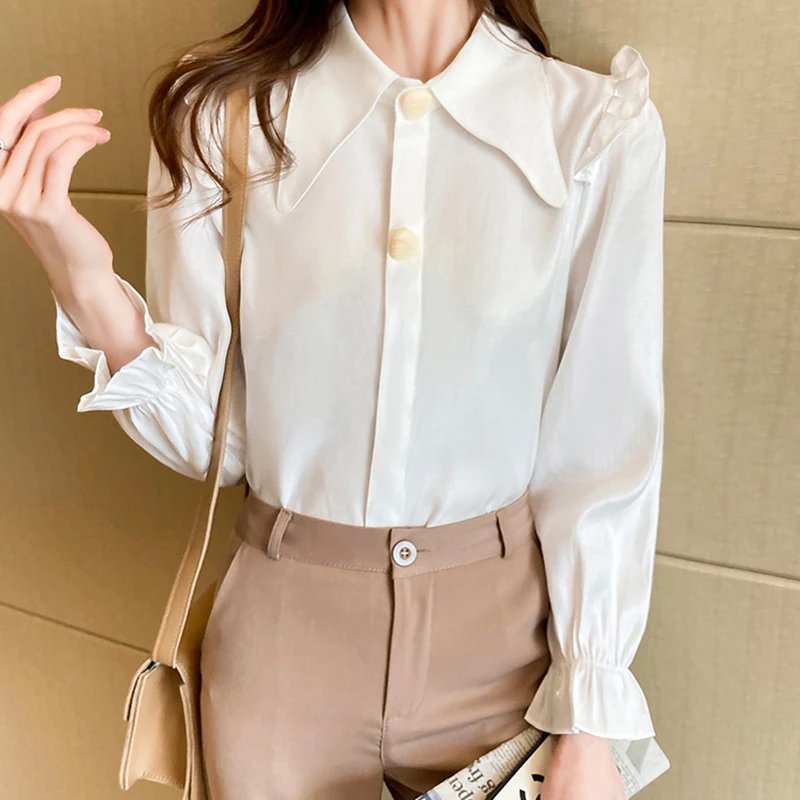 

Chemisier Femme Flare Sleeve Shirt Women Button Ruffle Blouse Office Lady 2022 Autumn Ladies Tops Korean Fashion Womens Clothing