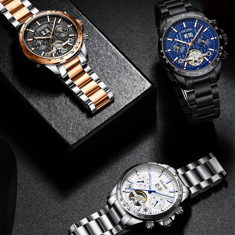 

AILANG Tourbillon Watch Hollow Men's Stainless Steel Luminous Waterproof Automatic Mechanical Watch Black Case Blue Dial Watch