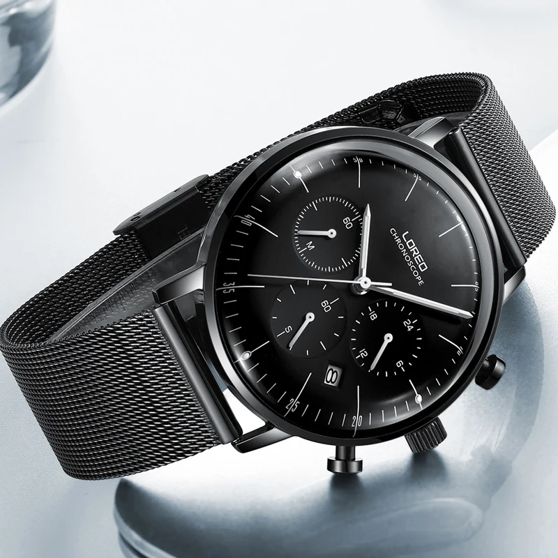 

LOREO Mens Watches Top Luxury Brand 316L Steel 50M Waterproof Sport Quartz Watch Men Date Clock Chronograph Relogio Masculino