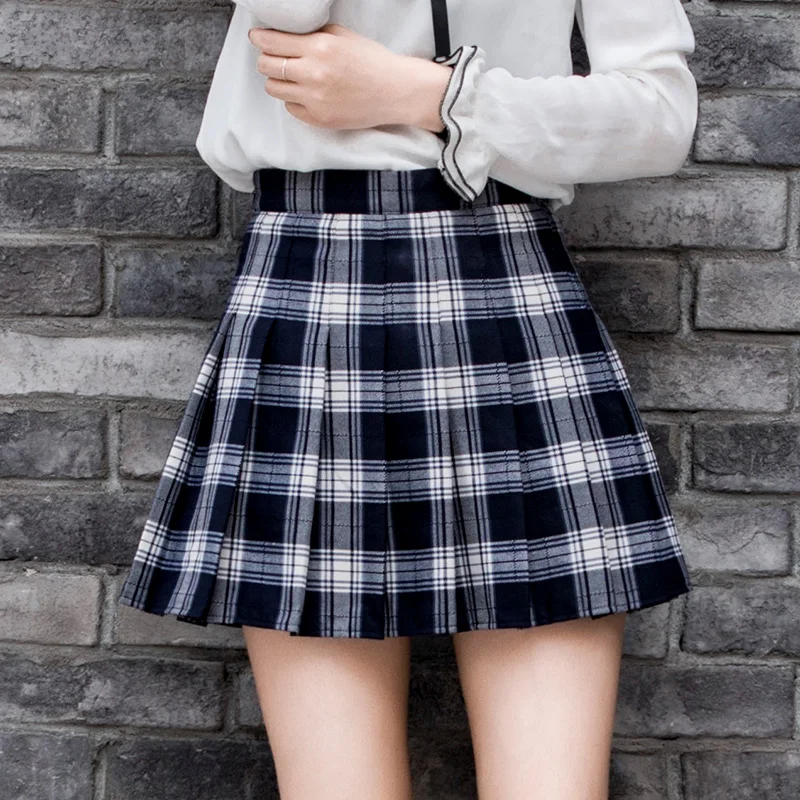 

Autumn Winter Slim Mini Skirt Black School Uniform A-Line Skirts Fashion Women's England Elastic High Waist Tartan Pleated Skirt