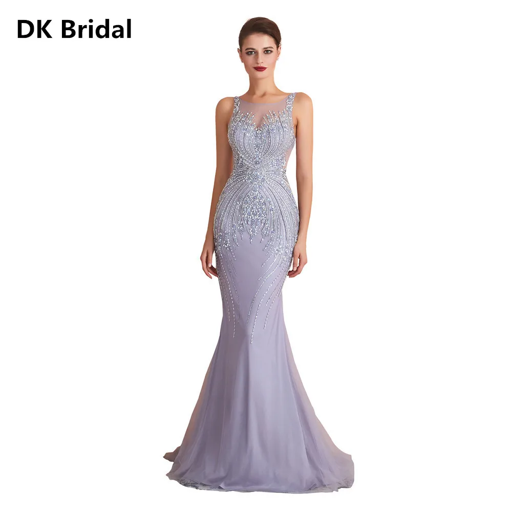 

Luxury Beaded Crystal Evening Dress Long 2019 Mermaid Sparkly Glitter Lavender Elegant Formal Prom Party Gown Robe De Soiree