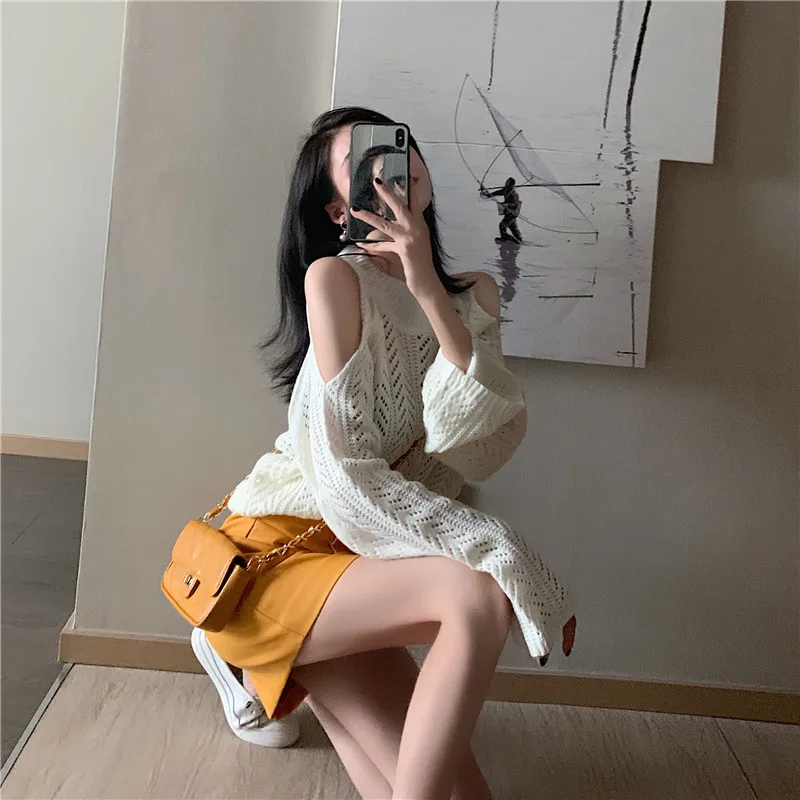 

loose casual hollow out Korean ladies tops off shoulder fashion brand knitted pullovers long sleeve women sweater o-neck new
